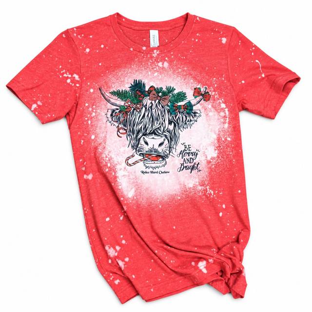 Be Merry & Bright Highland Cow Christmas Tee – Unisex Bleached Shirt